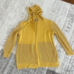 Mustard colored knit cardigan with hood